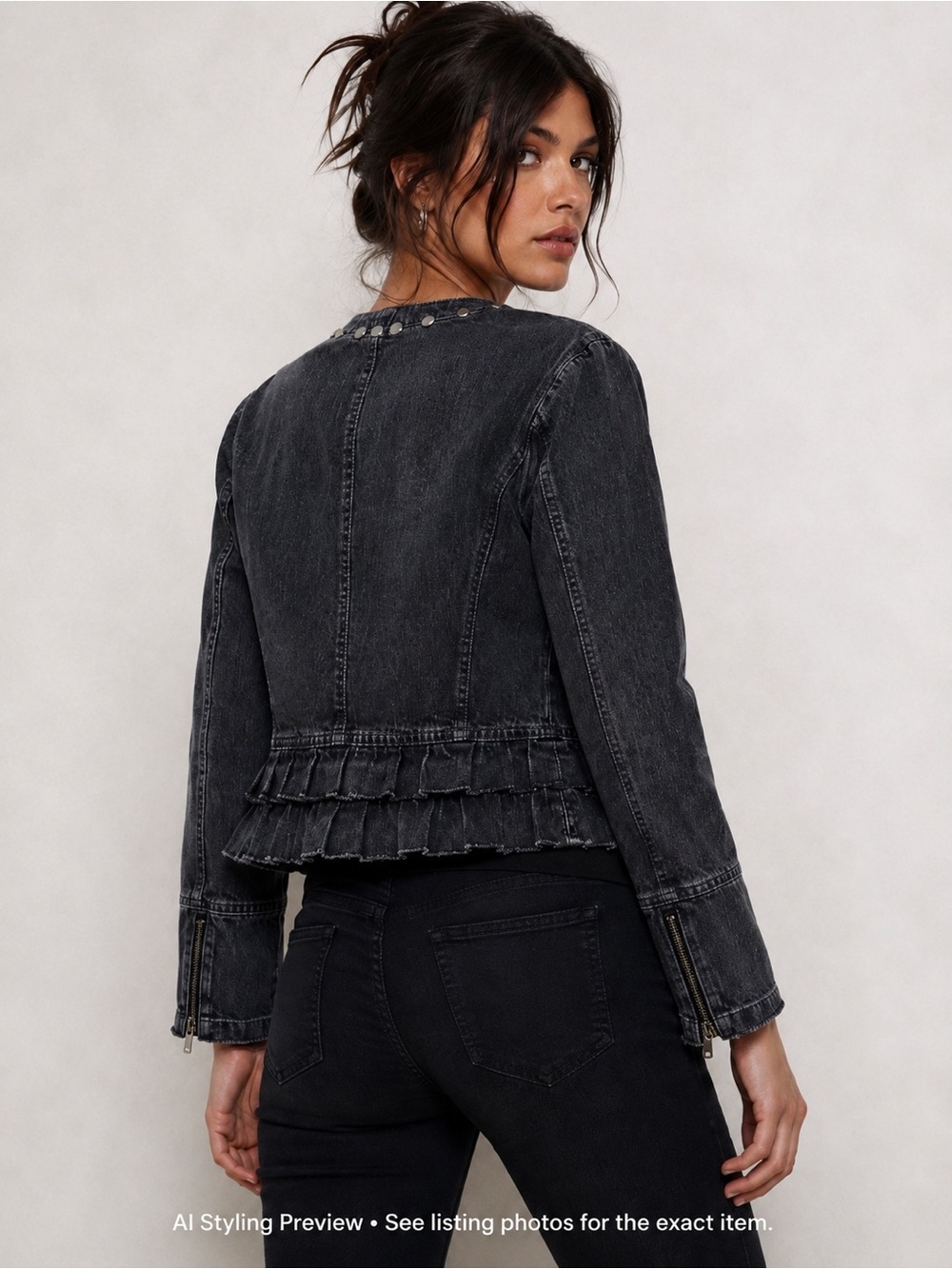 Y2K Grunge Denim Peplum Jacket Rivet Trim Tiered Ruffle Hem XL